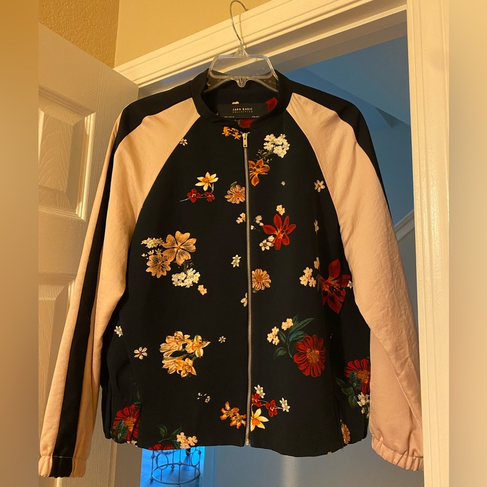 Gently worn navy/blush combo with flower print bomber jacket